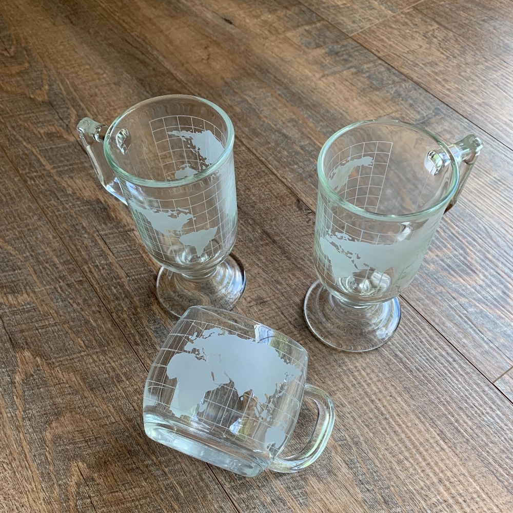 Vintage Nestle Nescafe Etched Glass Coffee Cups World Map Set Of 3